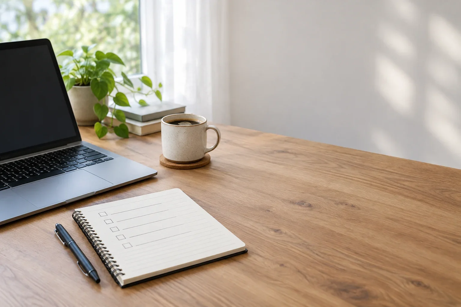 A tidy desk with a laptop, a notebook with a handwritten checklist and a cup of coffee.
