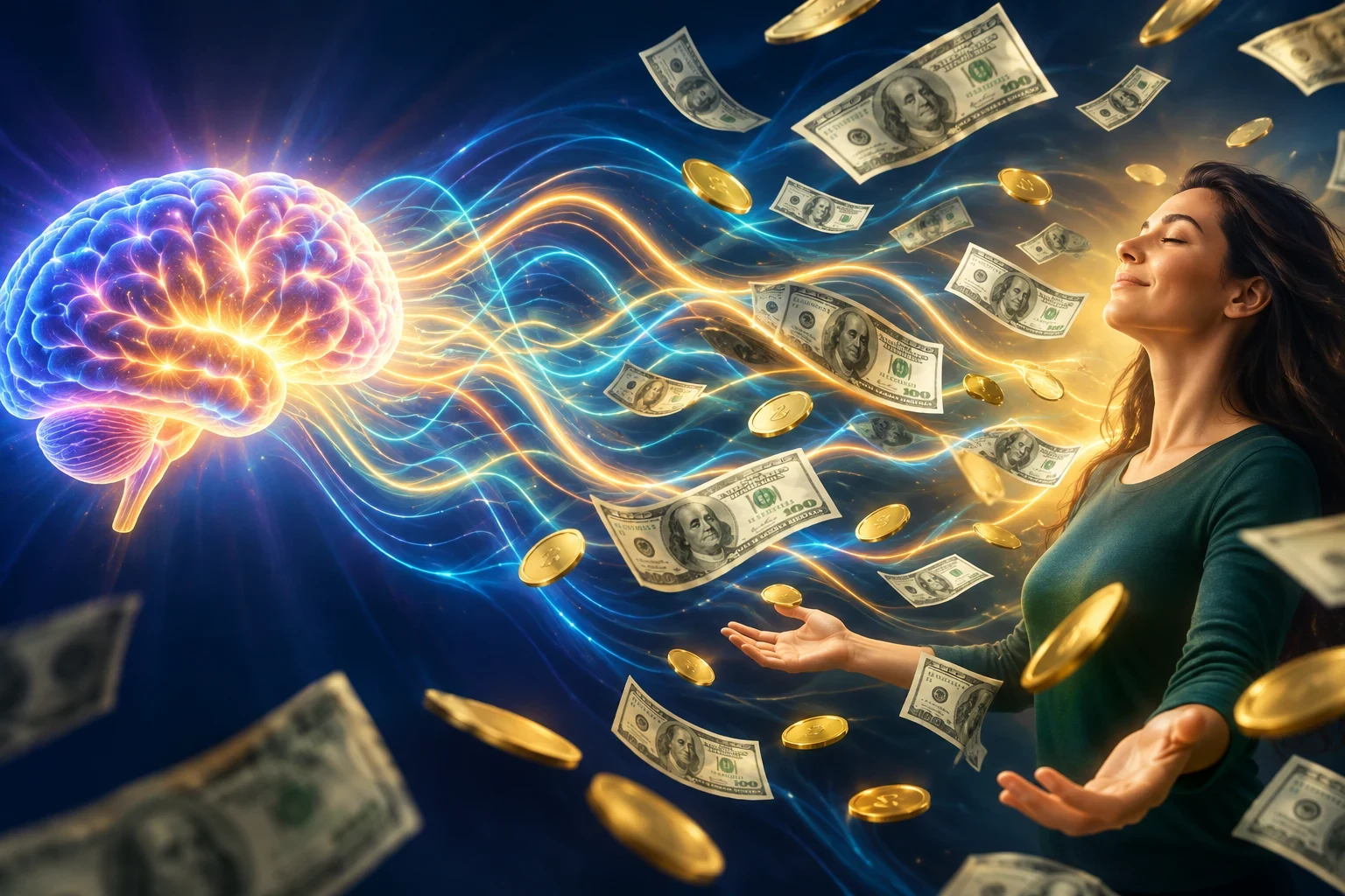 A brain emanating frequencies pulling money towards me