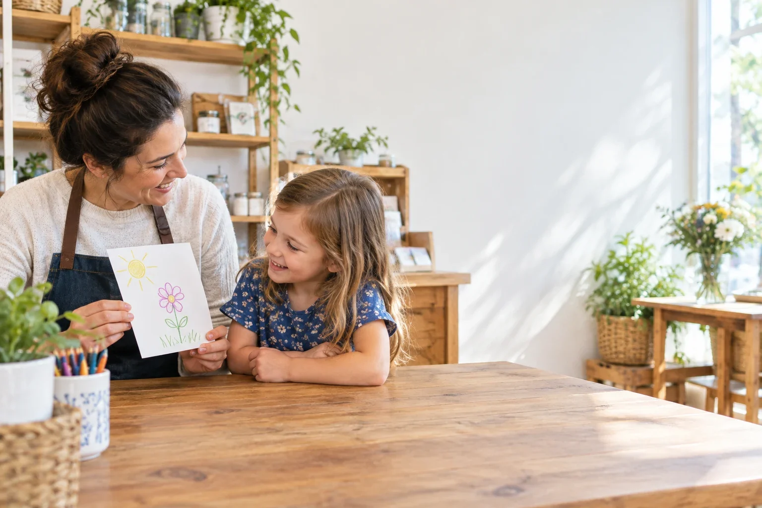 A small business owner showing a simple hand-drawn sign to a smiling child at a desk.