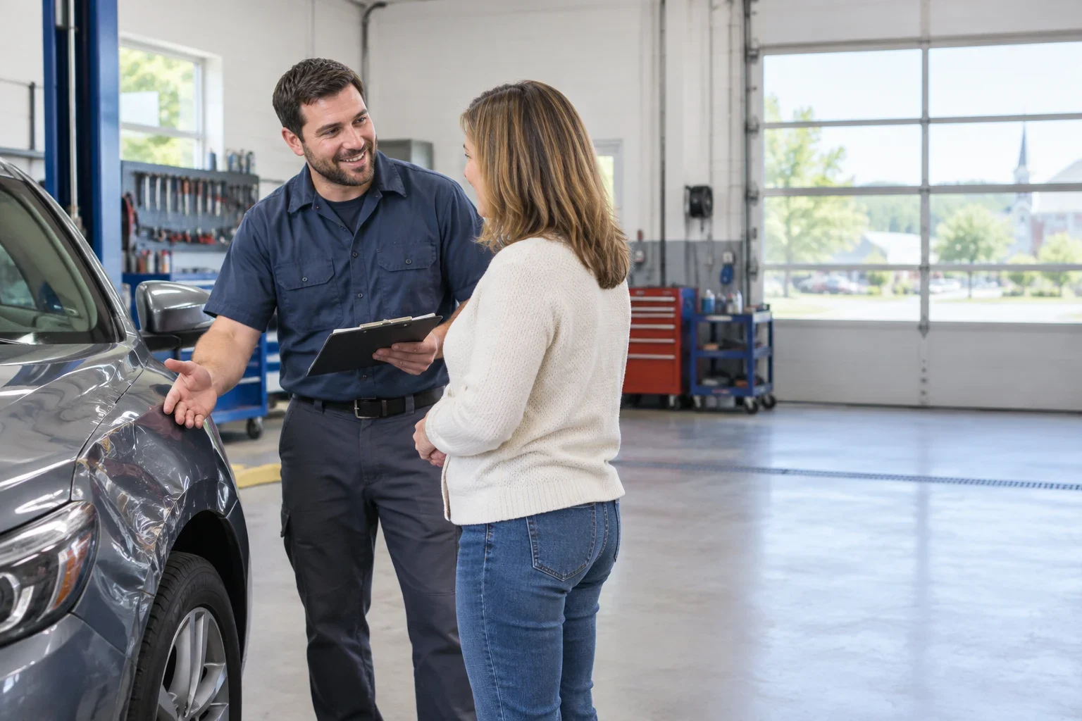 An auto body technician explaining fender damage to a customer inside a repair shop