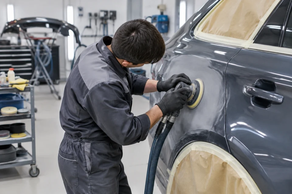 An auto body technician carefully working on a vehicle panel inside a professional repair shop